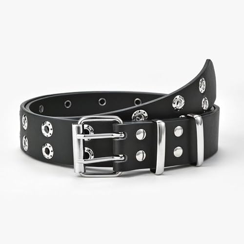 Women's Faux Leather Belt Double Grommet Belt Casual Fashion Riding Medium Metal Buckle Studded Belts4