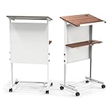 Bonnlo Mobile Stand Up Lectern Height Adjustable Podium with Wheels, Portable Heavy Duty Desk, Church Pulpit or Ceremony, Classroom Lecture Speech Teach Platform, Walnut Tabletop and White Steel Frame