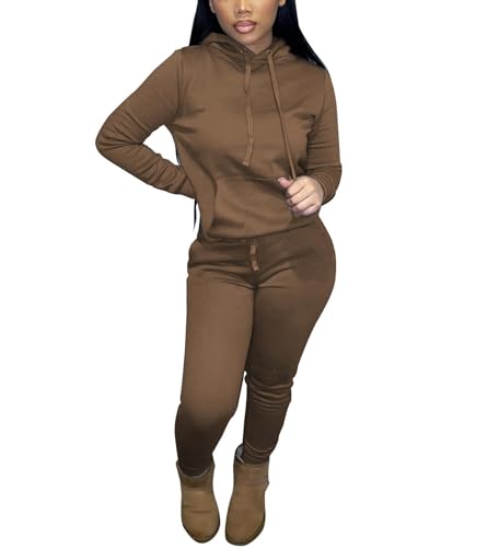 HBQ Two Piece Outfits For Women Casual Long Sleeve Hoodie Sweatshirts Jogger Sweatpants Tracksuit Sweatsuit Lounge Sets-Coffee-S