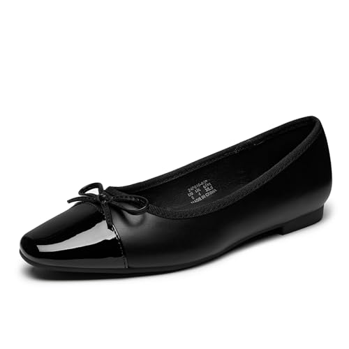 Image of Trary Slingback Flats for Women, Black Dressy Comfortable Round Square Toe Shoes, Work Office Casual Ankle Strap Dress Flats