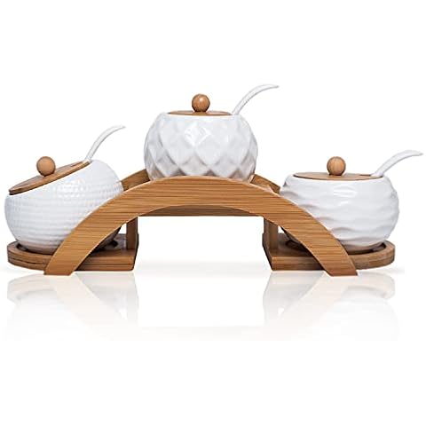 MIATTCLD Porcelain Condiment Jar Spice Container with Bamboo Lids & Tray, Ceramic Serving Spoon, Set of 3, White, 170ML(5.8 OZ), Perfect Spice Storage for Home, Kitchen Cover