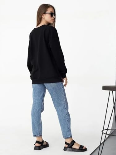 Image of LEOTUDE Women's Loopknit Boyfriend /Loose Fit Round Neck Sweatshirt (Color Black)