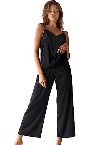 Laura in - Set di Abbigliamento Donna 2 Pezzi Pigiami di Seta Raso Tinta Unita Top con Bretelle e Pantaloni Lunghi-1603NeroXL