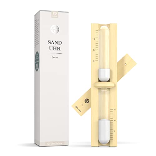 LoWell® Sauna Sanduhr - Snow Saunauhr - Weißer Sand Sauna Uhr - Ideales Sauna Zubehör - Aus natürlichem Eschenholz hochwertige Verarbeitung - Robust und Hitzebeständig - 15 min Cover