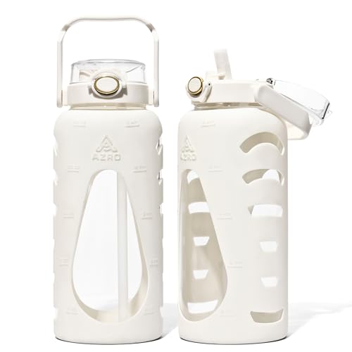 Azro 64 oz Wide Mouth Clear Glass Water Bottle with Straw and Time Marker
