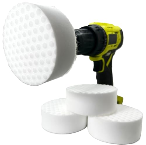 Image of 3.5 inch Drill Powered Magic Sponge Eraser 6 Pieces Kit with Drill Attachment | 25% Thicker Ultra-Durable Melamine Eraser Pads for Bathrooms, Kitchens, Floors, Walls, Baseboards & More