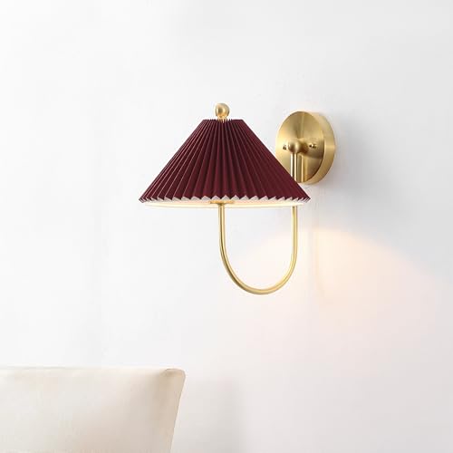 Image of SAFAVIEH Lighting Collection Chrissy Burgundy /Brass Fabric /Metal Wall Sconce Set of 2 (LED Bulbs Included)