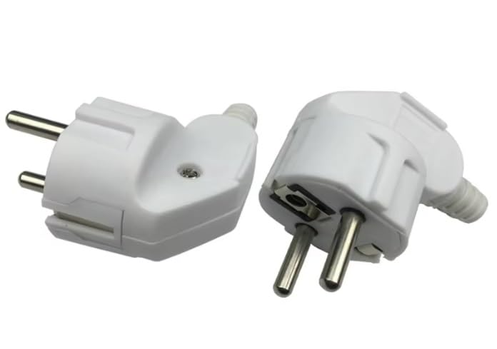 A single tekit Schuko Type F rewireable power plug, viewed from the side, showing the angled cable entry and the overall compact design.
