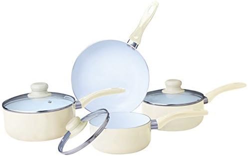 Yasrab 7PC CERAMIC COOKWARE SET SAUCEPAN POT GLASS LID KITCHEN FRY PAN FRYING NON STICK (cream)