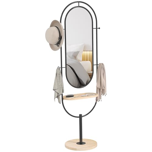 HOMCOM Miroir sur Pied Ovale, Grand Miroir avec Plateau en Bois, 4 Crochets et Cadre en métal, pour Chambre à Coucher Salon et Dressing, 50 x 40 x 175,5 cm,...
