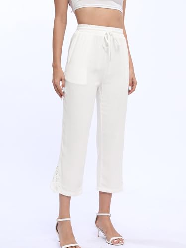 Women Casual Capri Pants with Lace Detail, Linen Blend Pants Cropped Trousers for Summer3