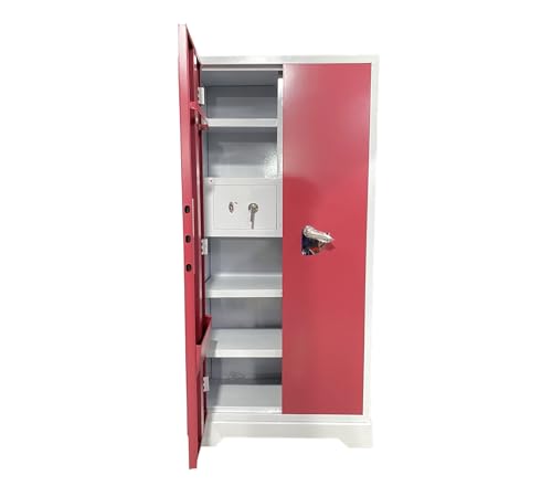 Image of MKFURNITURE Steel Almirah Wardrobe 2 Door with Mirror Cupboard | Wardrobe Storage Rack Closest Organizer for Clothes | 1 Hanging Space and 2 Drawer | Modern Storage Wardrobe (Red)