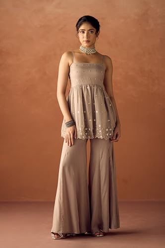 Image of FIORRA Women Grey Crush Organza Hand Work A-Line Kurta Set with Dupatta