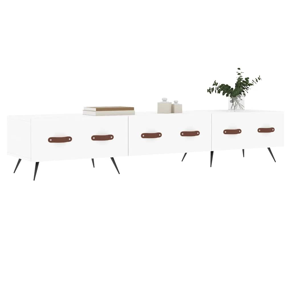 Szafka pod telewizor biała 150 x 36 x 30 cm, wytrzymały materiał drewnopochodny, 3 szuflady, żelazne nogi, stylowe meble multimedialne do salonu i sypialni, odporna na wilgoć