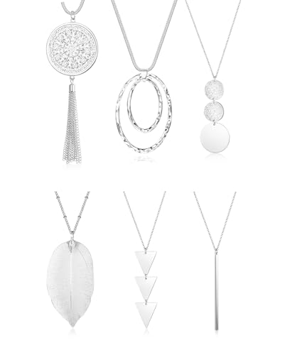 Diamday Set de 6 Collares Largos en Oro o Plata con Diseño Boho y Barroco – Incluye Collares de Cadena Larga, Borlas y Detalles de Hoja – Joyería de Moda para Mujeres
