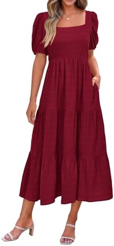 PRETTYGARDEN Women's Summer Dresses 2026 Puff Sleeve Square Neck High Waist Smocked A-Line Flowy Loose Fit Midi Dress