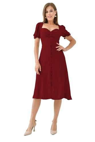 Image of Shasmi Girl's & Women's Solid Midi Dress - Elegant Square Neck Button-Down Dress with Puff Short Sleeves | Stylish Casual & Party & Office Wear Outfit (Dress 105)