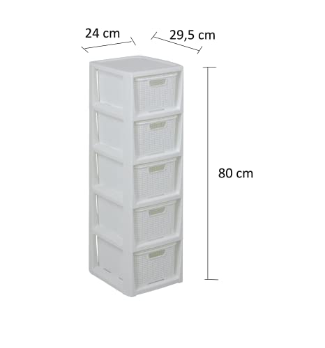 BranQ - Home essential Regal in Rattan Design, BPA-freie Kunststoff PP, Weiß, 29,5 x 24 x 80 cm, 5 Körben