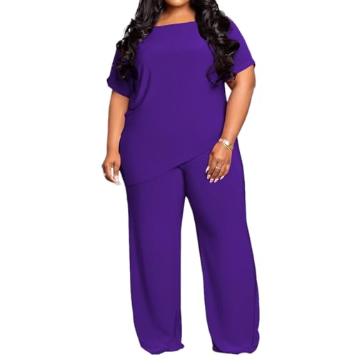 TOPSRANI Womens Plus Size Two Piece Outfits Sweatsuits Casual Tracksuit Short Sleeve Loose Baggy Wide Leg Long Pants Sets Purple 5XL