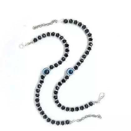 Reema Collection Latest Trend Brass Metal Evil Eye Charm Nazariya Payal (Anklet) with Black & Silver Beads for Girls and Women 9.5 inch + Adjustable