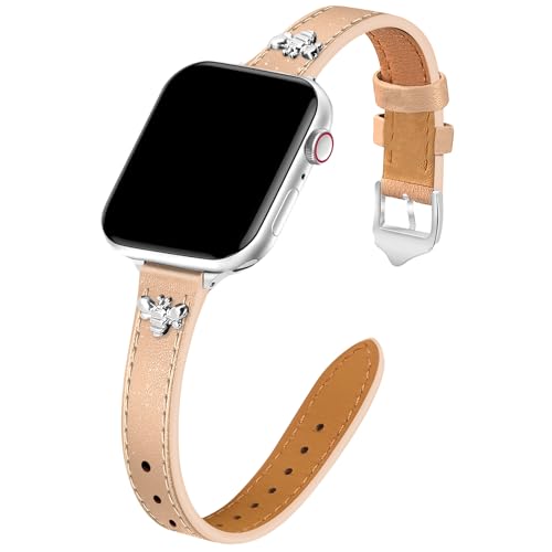 Image of JR.DM Slim Leather Bands Compatible with Apple Watch Band 38mm 40mm 41mm 42mm 44mm 45mm 46mm 49mm, Genuine Leather Band with Charms, Feminine Design for Iwatch Ultra SE Series 11 10 9 8 7 6 5 4 3 2 1