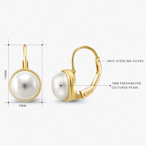 14k Gold Plated 925 Sterling Silver Dainty Drop Earrings with 7mm White Pearls, Freshwater Cultured Pearl Leverback Earrings for Women, Classic Hypoallergenic Jewelry Gift for Mom4