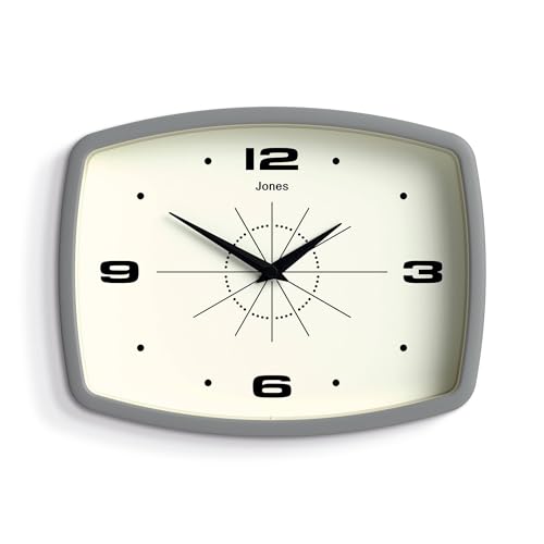 JONES CLOCKS® Movie Horloge Murale | Horloge rétro rectangulaire | 25 cm | Gris | Style Design Cool des années 50 pour la Cuisine, Le Salon ou Le Bureau