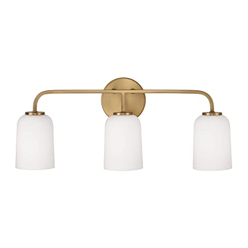 Image of HomePlace Lighting 148831AD-542 Lawson Transitional Soft White Glass Bell Vanity Light for Bathroom, 3-Light 300 Total Watts, 10 inch H x 24 inch W, Brass