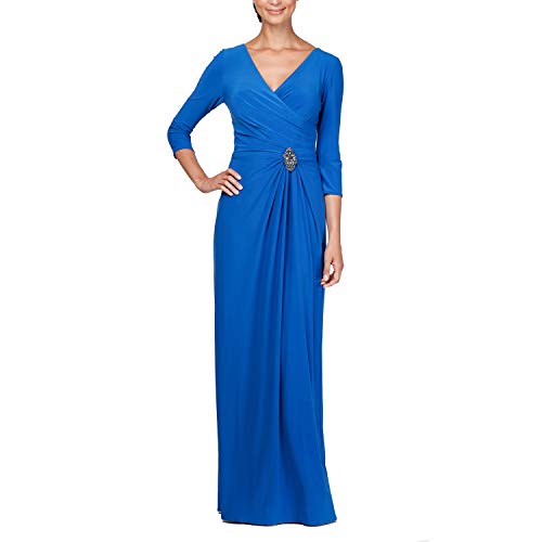 Image of Alex Evenings Womens Long 3 /4 Sleeve Formal Event Dress with Cinched Tie Waist (Petite and Regular Sizes)