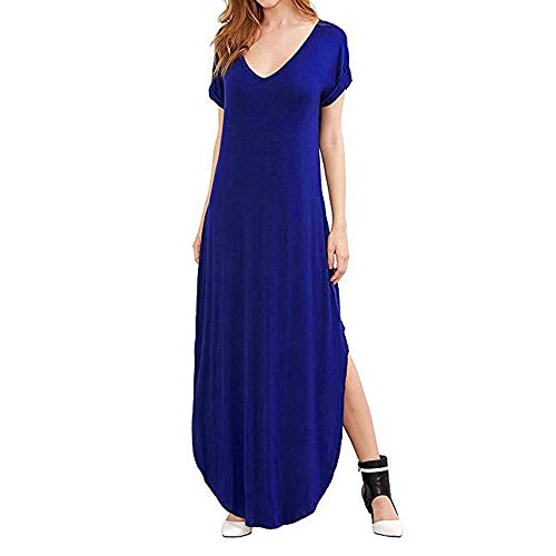 Image of Match Women's V-Neck Casual Loose Short Sleeve Long T-Shirt Dress Split Maxi Dress with Side Pocket