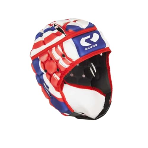 RUGBIER - Casco de Rugby Profesional Air-Pro - Adultos y Jóvenes Unisex - Ajustable - Protector de Cabeza Acolchado - Modelo Circle Azul/Rojo/Blanco (Small)