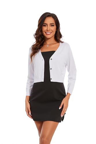 Women's Cropped Cardigan Sweater Crew Neck Button Down 3/4 Sleeve Soft Knit Bolero Shrugs3