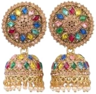 Traditional Chandbali Jhumka Earrings, Gold-Toned with Meenakari Work, Pearl Drops, Floral Stud/multicolor Earrings Packe ... Price In India