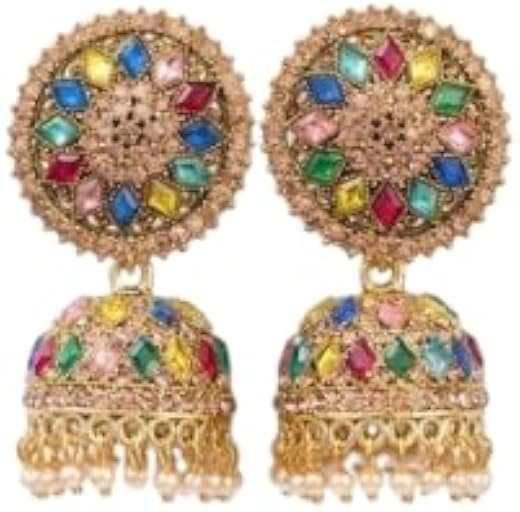 Traditional Chandbali Jhumka Earrings, Gold-Toned with Meenakari Work, Pearl Drops, Floral Stud/multicolor Earrings Packe ...