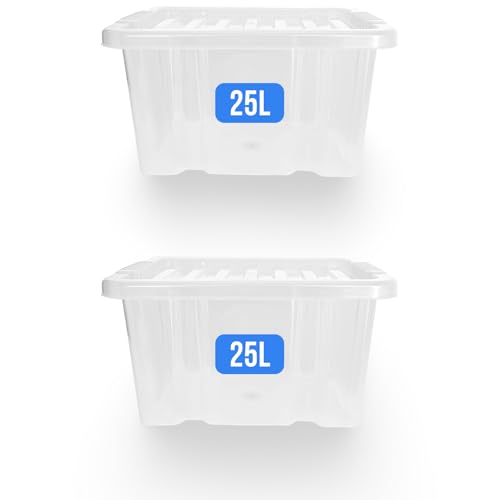 KAPCO 25l Storage Boxes with Lids, 2 Pack Clear Plastic Box Container for Clothes, Shoes, Office, Kitchen – Stackable Plastic Storage Boxes – Medium BPA Free Containers | Multipurpose Organiser Box