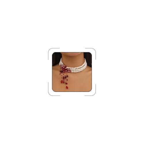 Dripping Vampire Necklace for Women Gothic Blood Pearl Choker Layered Bleeding Pearls Vampire Necklaces Halloween Dark Bridal Vampires Witch Party Jewelry Accessories Style-C