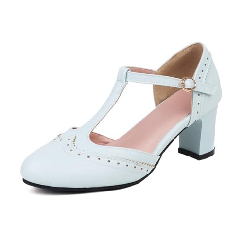 MODSGUE Sandálias clássicas e retro dos anos 20 para mulher, sapatos de salto Gatsby Oxford, estilo vintage dos anos 50, redondas, com tira no tornozelo, sapatos de verão, azul, 38 UE