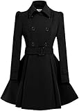 ForeMode Women Swing Double Breasted Wool Pea Coat with Belt Buckle Spring Mid-Long Long Sleeve Lapel Dresses Outwear (Large, Black5)