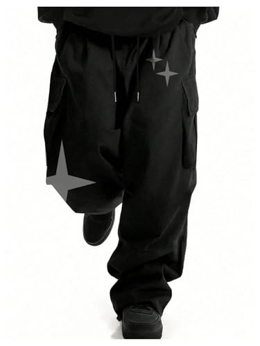 Verdusa Men's Star Print Cargo Pants Streetwear Wide Straight Leg Baggy Pants with Pockets3