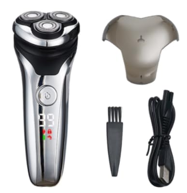 Rasoio elettrico da uomo Silver Edition, rasoio elettrico senza fili ricaricabile con display a LED, 3 testine rotanti a doppia pista, rasoio elettrico impermeabile IPX5 da uomo con trimmer