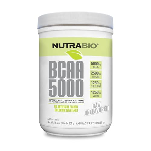 NutraBio BCAA 5000 Powder - Fermented Branched Chain Amino Acids for Muscle Growth & Recovery - Natural Flavors, Sweeteners, and Coloring, Vegan, Gluten Free - Unflavored, 60 Servings