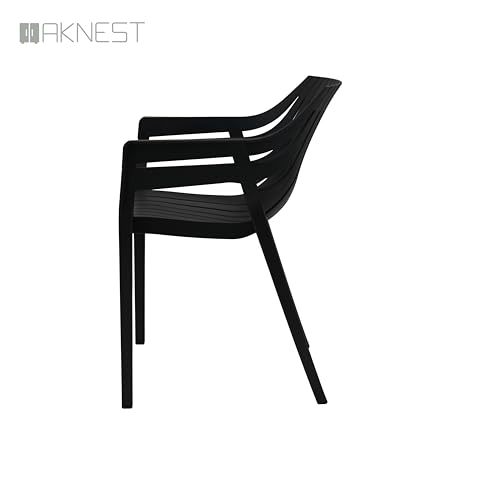 Image of OAKNEST Supreme Spectrum Plastic Arm Chair - Modern Slatted Stackable Chair for Living Room, Dining, Garden, Balcony, Restaurant & Cafe | Weatherproof Indoor Outdoor Designer Chair, Set of 2, Black