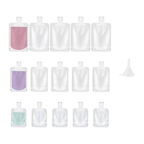 CAEEKER Travel Liquid Pouches, 15 PCS Portable Refillable Empty Squeeze Pouch Stand Up Spout Pouch Clear Fluid Makeup Packing Bags Leakproof Cosmetic Toiletry Containers for Lotion (30/50/100ml) Cover