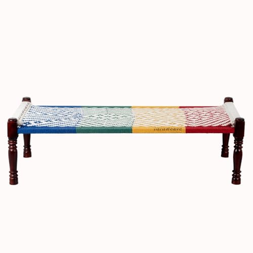 Image of Solid Sheesham Wood Charpai Khat | Handcrafted Daybed Khatiya Charpai with Cotton Rope | Traditional Khat Bed Wooden Diwan Cot for Living Room | 6X3 Feet | Colorful 0010 (White-Multi)