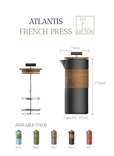 Image of LECTOR Atlantis French Press Coffee Maker | 450ml Capacity | Premium Ceramic Body with Natural Wood Sleeve & Lid | Manual Brewer for Coffee & Tea | Strong Ceramic Build, Superior Filtration (Black)