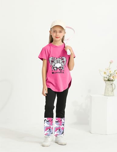 Image of Girls Outfits Short Sleeve Irregular Tops + Camouflage Long Legging Outfits 2PCs Summer Pant Sets 6-14T