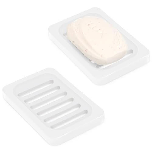 Topsky 2Pcs Soap Dish Holder, Non-Slip Bathroom Accessories Silicone Soap Case Saver, Sink Deck Bathtub Shower Dish Soap Drainer, Silicone Holder for Soap, Sponges, Scrubber (White-2pcs)