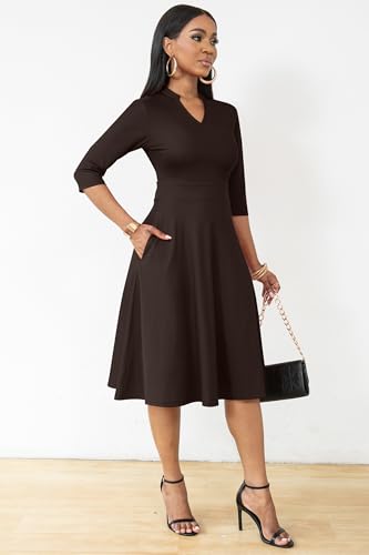 Image of Nmoder Casual Dresses for Women Semi Formal Fit and Flare 3 /4 Sleeve A-line Church Work Dress with Pockets