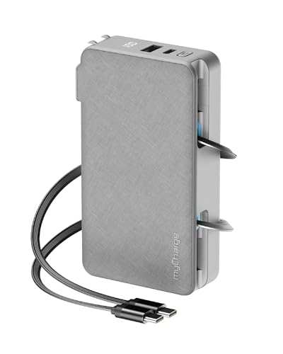 myCharge RetractaCharger 10000mAh Portable Charger Power Bank with 28-Inch Retractable 2 USB-C Cable | Built-in Wall Plug | 30W PD Fast Charging | USB-C & A Ports | Digital Display | Grey