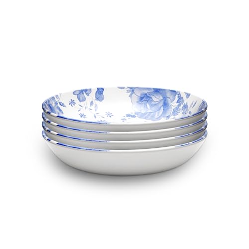 Wade Blue Floral Set of 4 Pasta Bowls with Pale Blue & White Floral Pattern, Crafted from Earthenware, Made in Stoke-on-Trent, 22.5cm, Blue, WA967039BLU